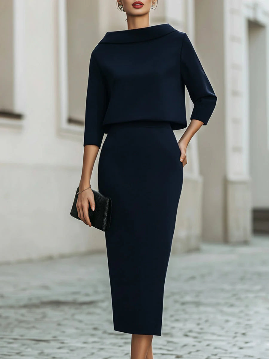 Ensemble Haut Col Bateau et Jupe Midi pour Femme