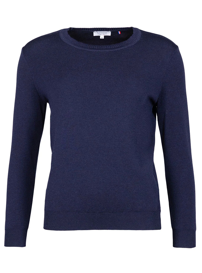 Pull femme en laine mérinos col rond bleu marine