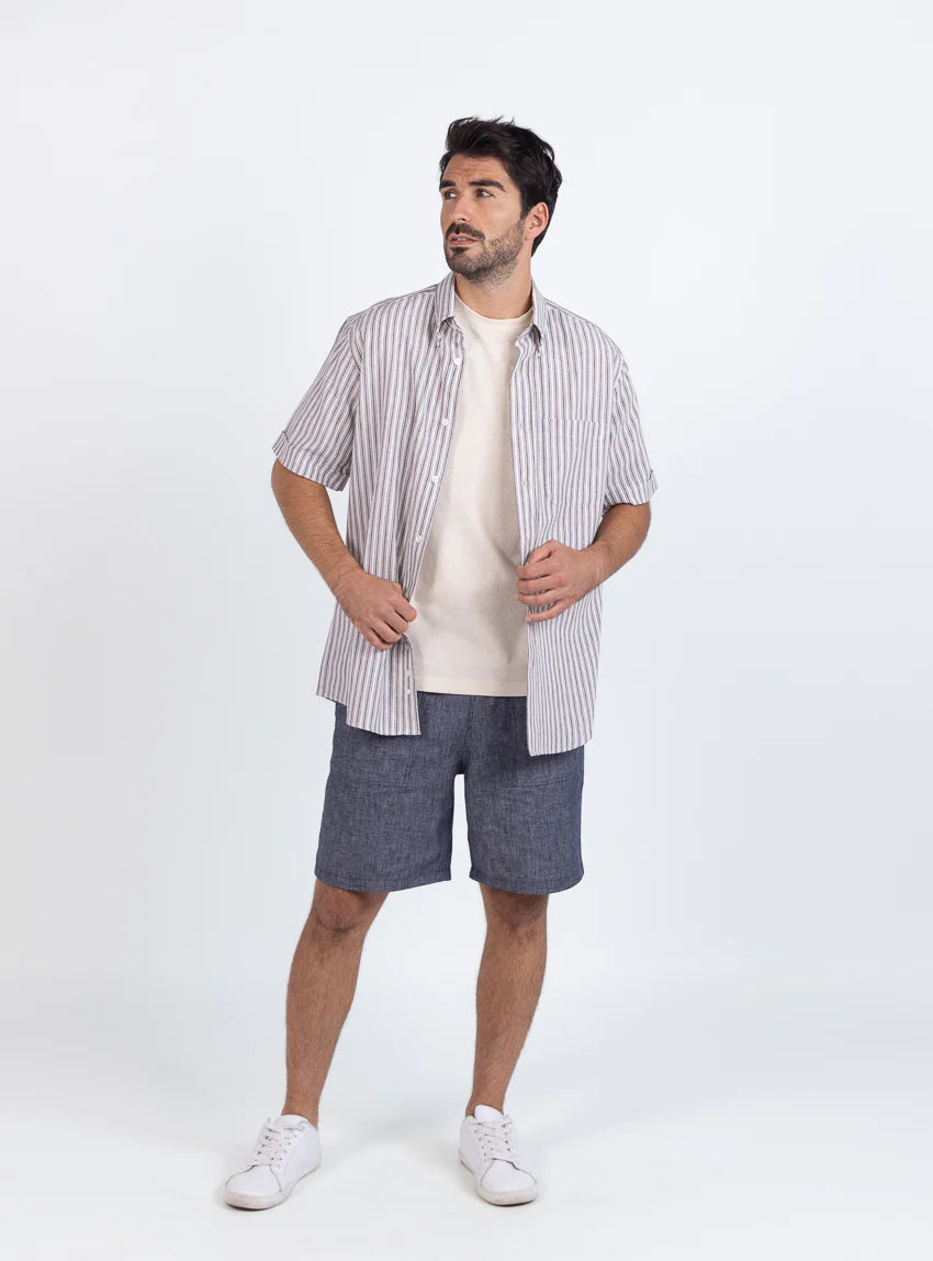 Chemise estivale homme coton rayé marron