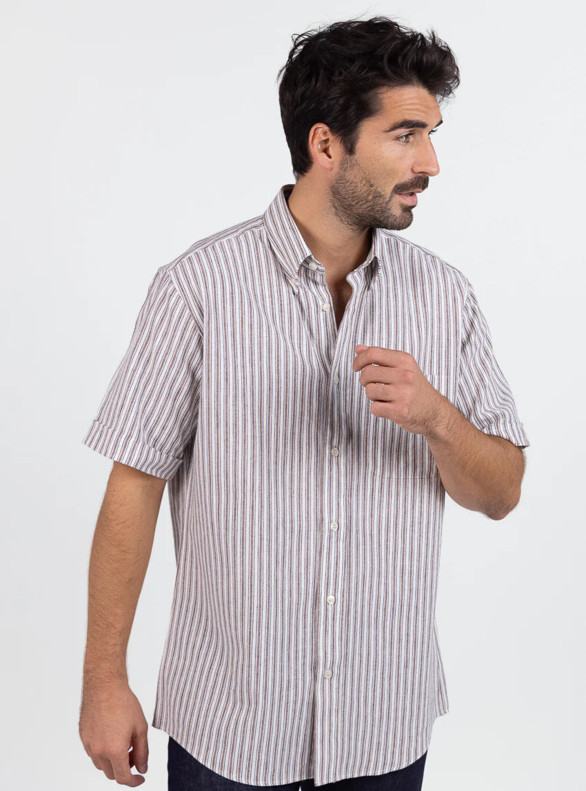 Chemise estivale homme coton rayé marron