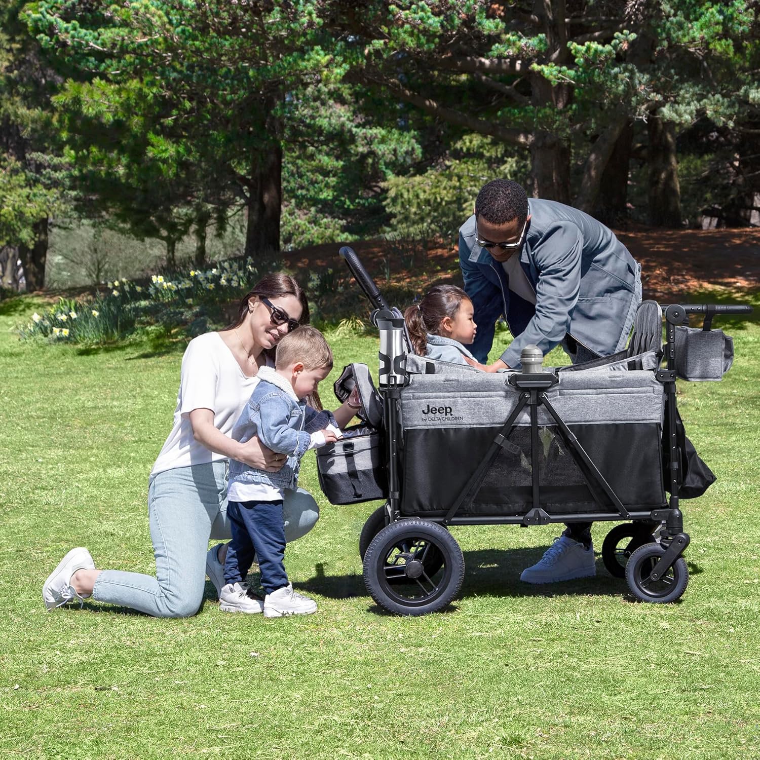 Jeep Wrangler Deluxe 4 Seater Stroller Wagon by Delta Children - Premium Quad Stroller Wagon for 4 Kids