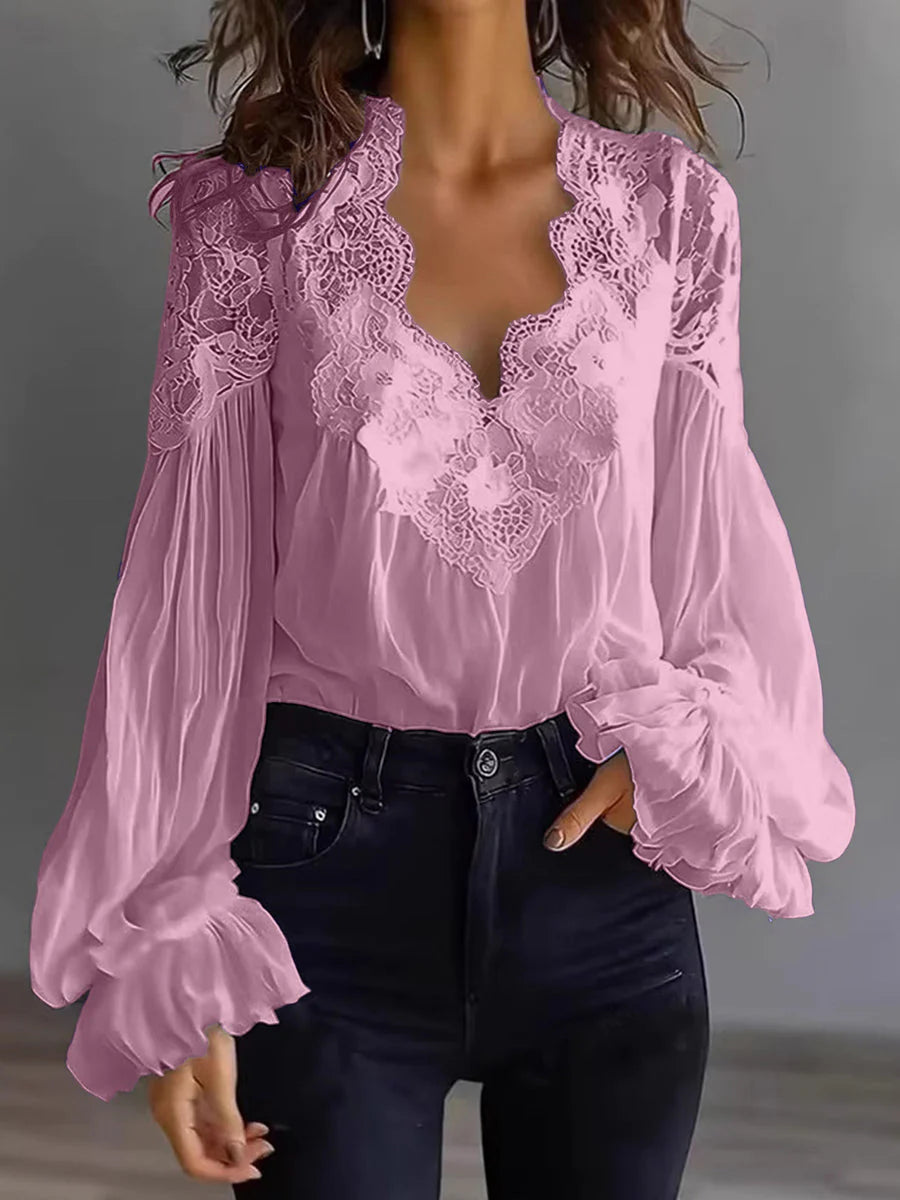 Blouse Femme en Dentelle à Manches Bouffantes Patchwork