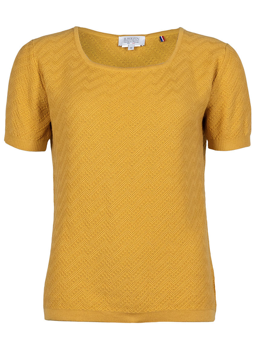 Pull femme manches courtes coton jaune safran