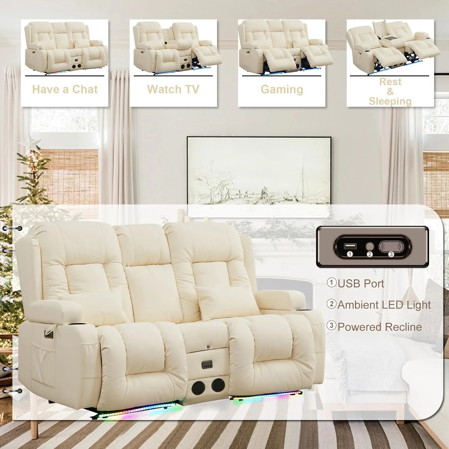 TUNYI Power Loveseat Recliner Sofa with Massage & Heat Home Theater Seating with Console Electric Recliner RV Sofa with USB/Outlet/Storage/Side Pocket/LED Light/Speaker (Brown, Loveseat)