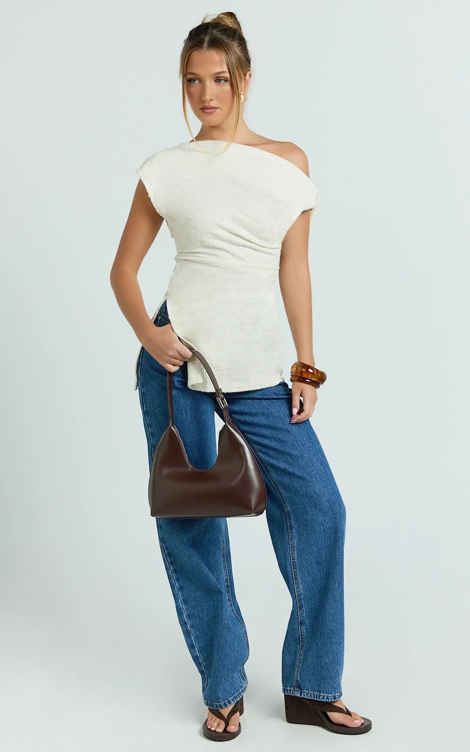 Anna Top - Knit Longline Off Shoulder Top in Cream
