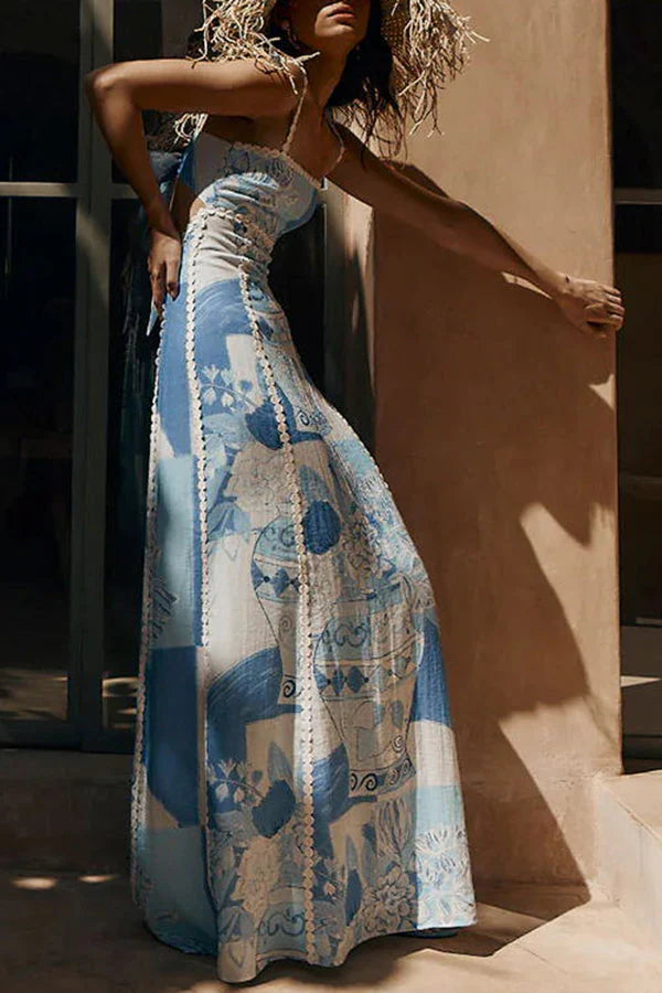 Sophie Paris | Robe Maxi à Nouer au Dos avec Galon Ric Rac et Imprimé Unique