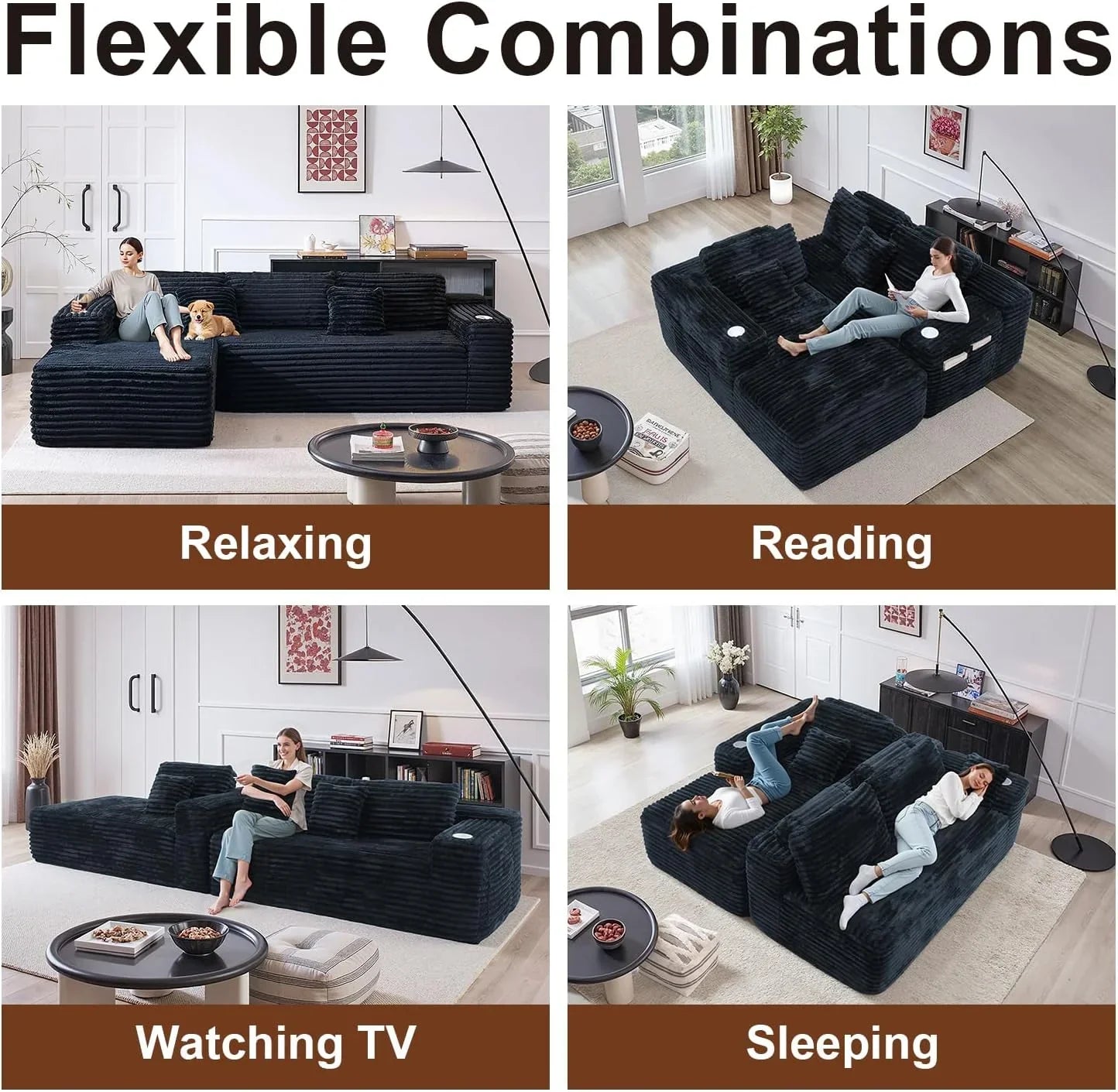 Cloud section sofa with L-shaped recliner modern modular sofa built-in cup holder