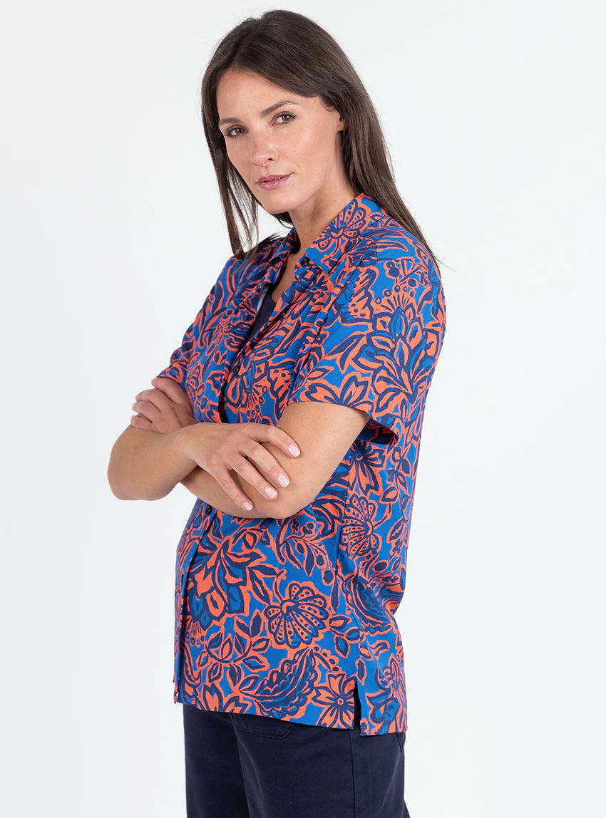 Chemisier femme en viscose imprimé floral bleu
