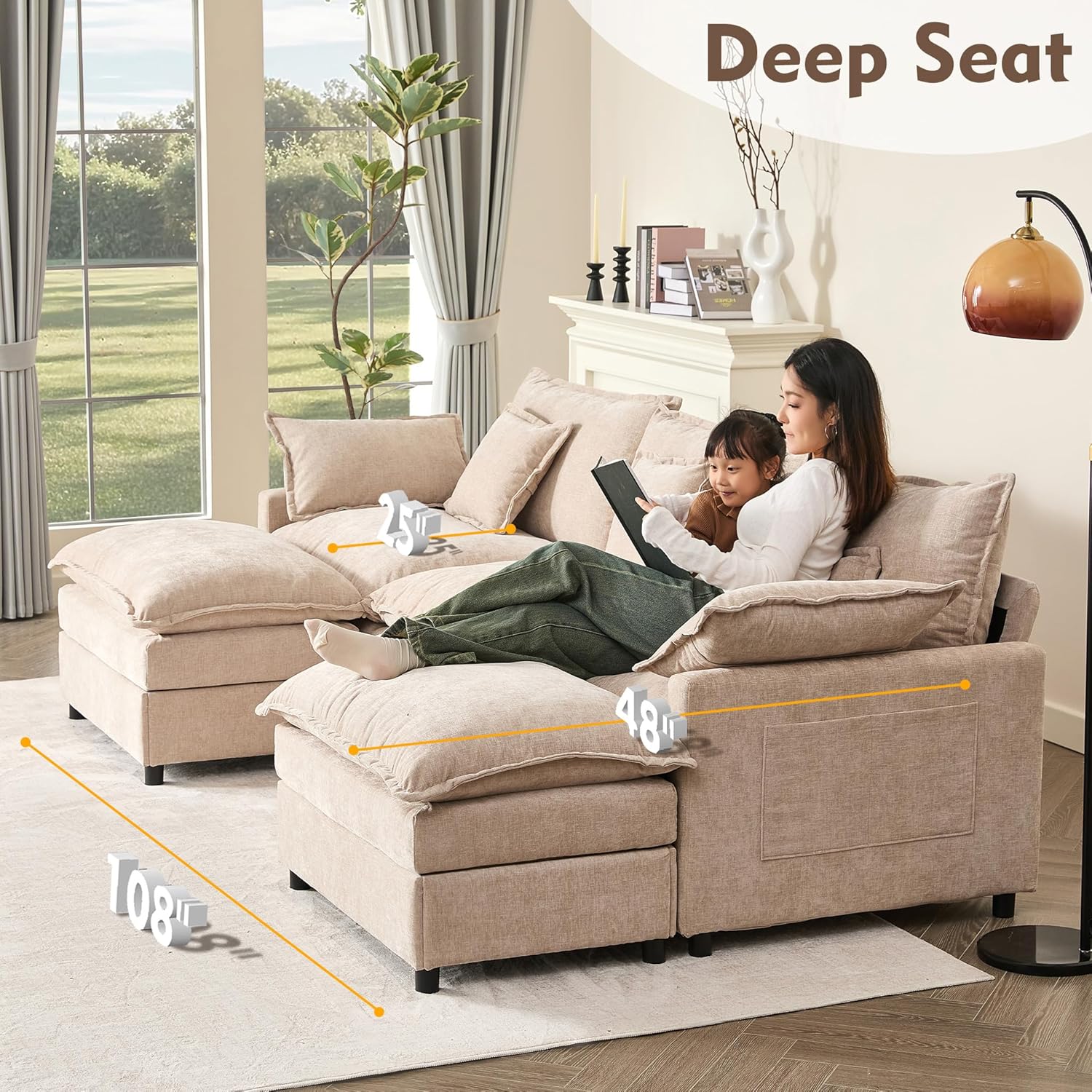 108 U Shaped Couch, Modular Sectional Sofa, 3-Seater Comfy Cloud Couch with Movable Ottoman, Deep Seat Couches for Living Room, Chenille, Slate