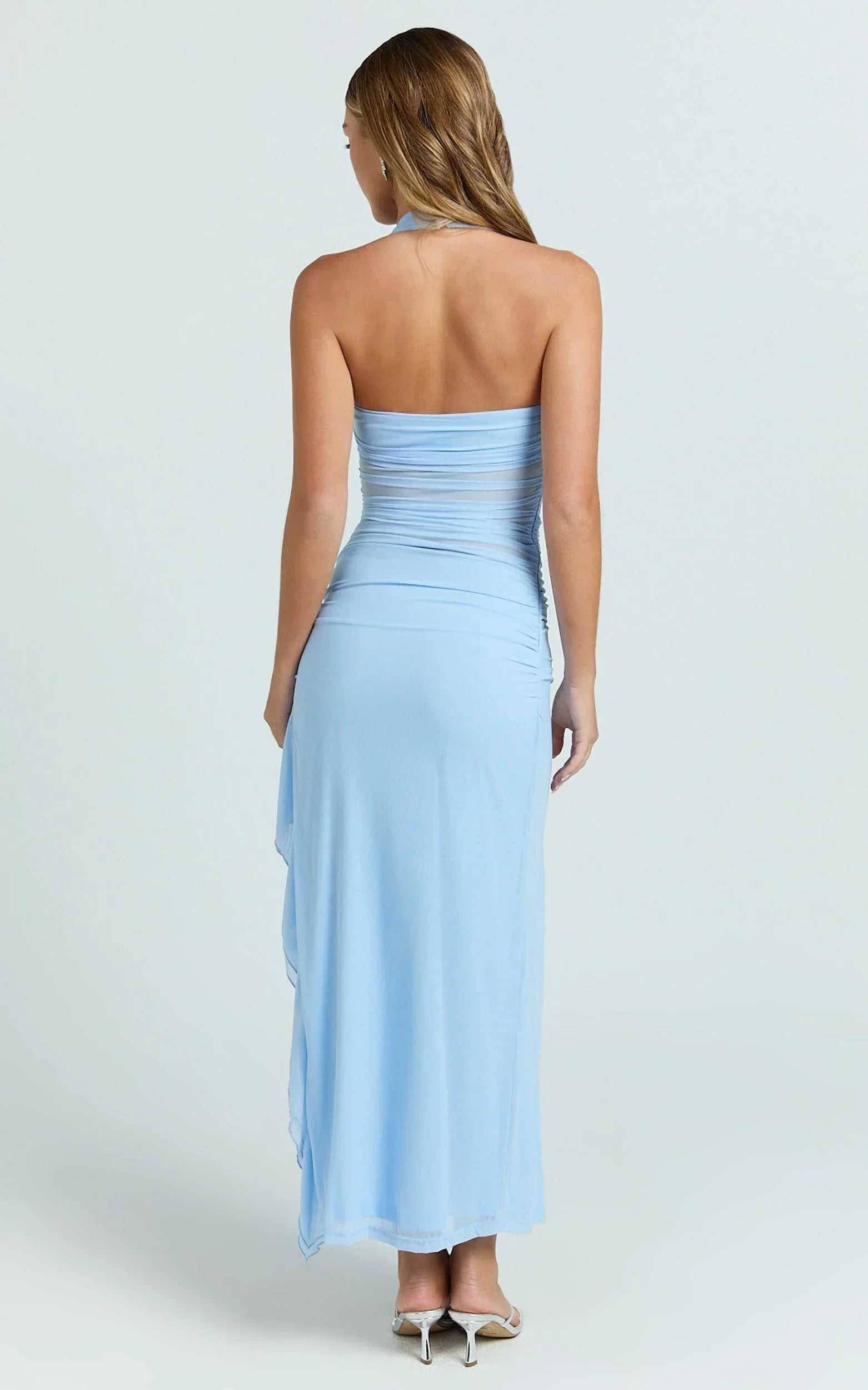 Almarie Midi Dress - Halter Neck Mesh Dress in Blue