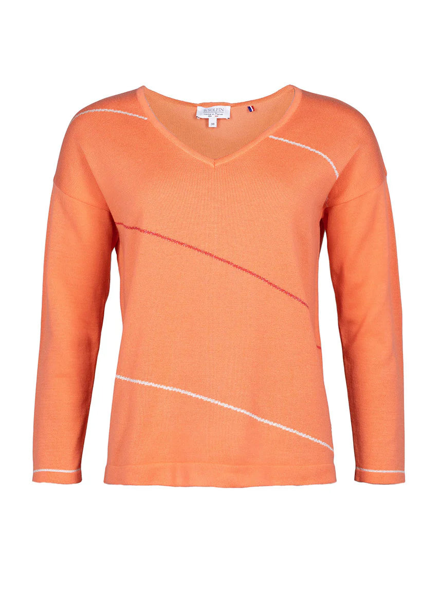 Pull femme col V en coton orange melon