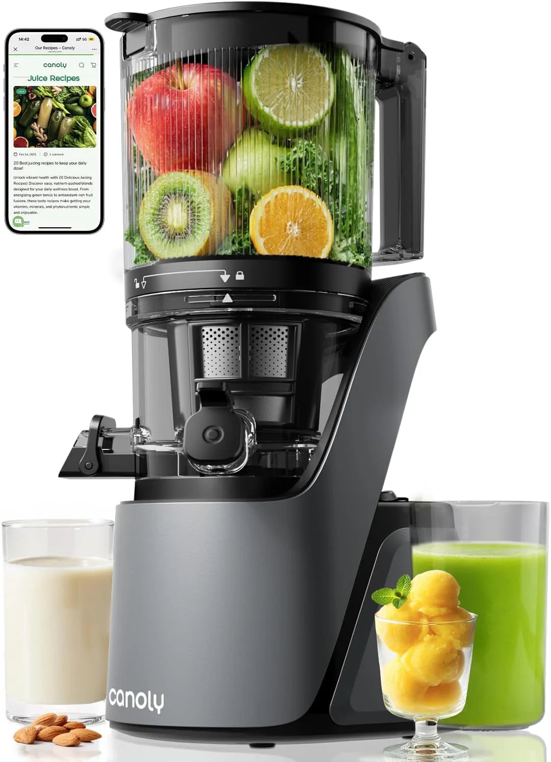 Canoly C16 Cold Press Juicer 6 Extra Wide Feed Chute 3 IN 1 Strainers AC Brushless Motor