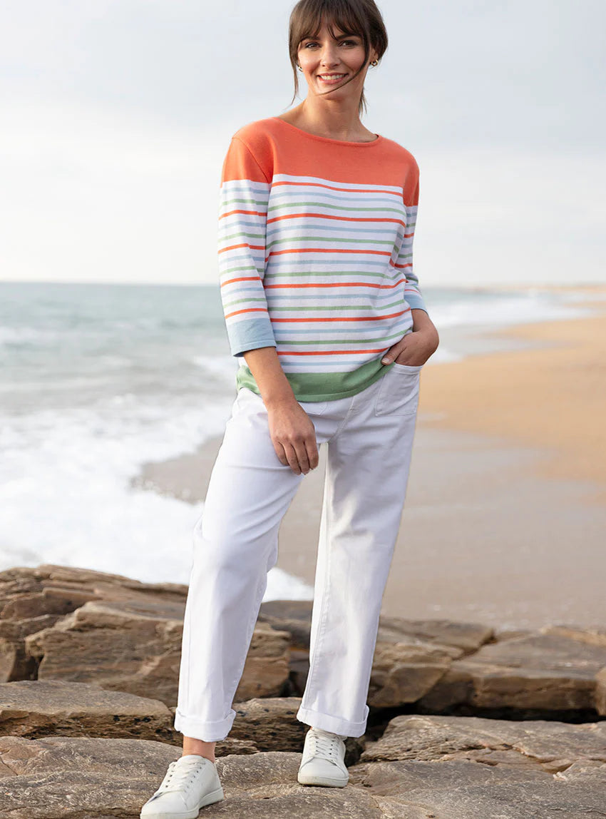 Pull femme rayé en coton orange melon