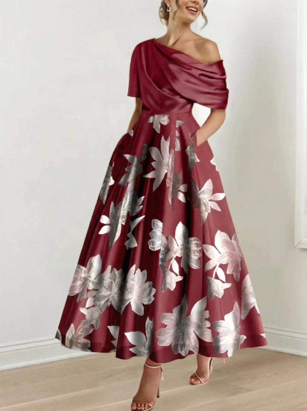 Robe de mère de la mariée à fleurs imprimées asymétrique en ligne A