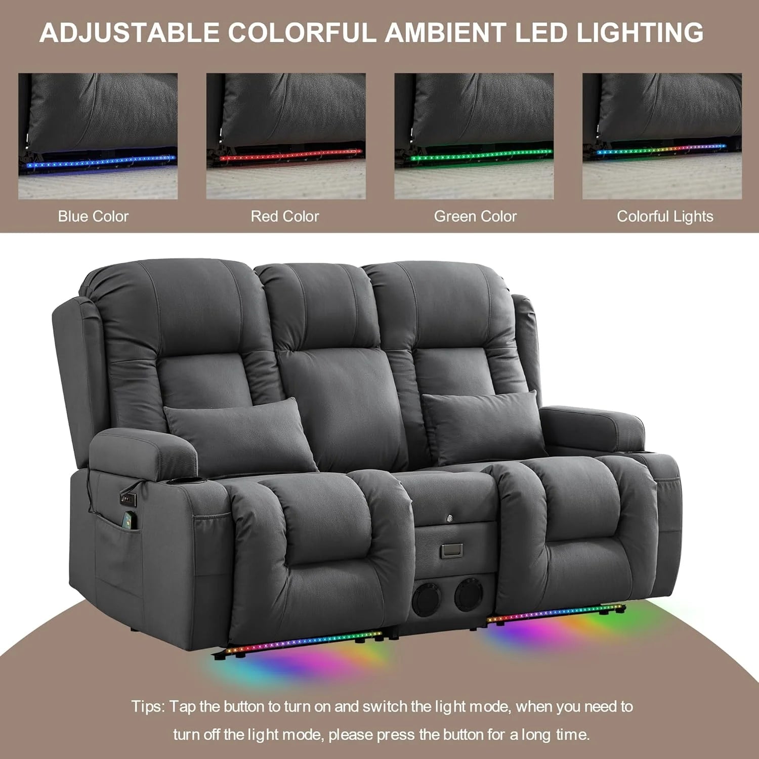 TUNYI Power Loveseat Recliner Sofa with Massage & Heat Home Theater Seating with Console Electric Recliner RV Sofa with USB/Outlet/Storage/Side Pocket/LED Light/Speaker (Brown, Loveseat)