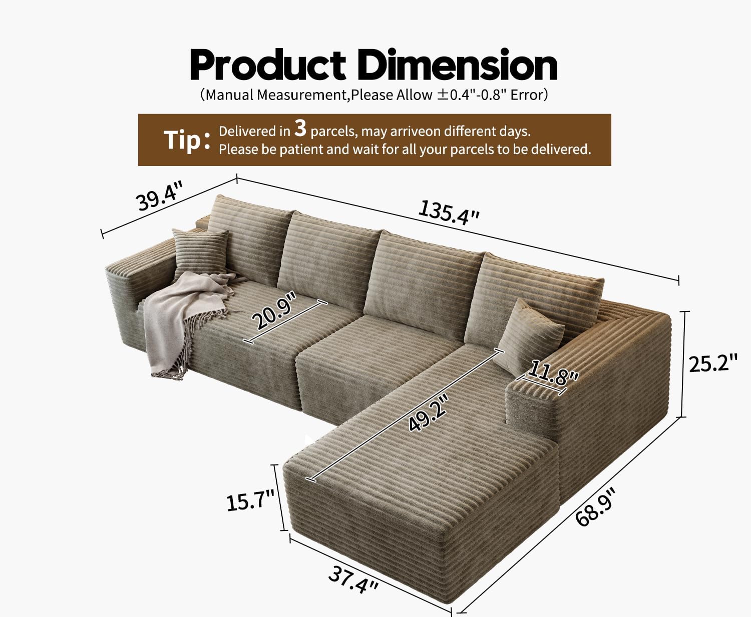 107.5 Cloud Modular Sectional Sofa Couch with L-Shape Chaise,Modern Minimalist Upholstered Couches for Living Room Bedroom,Deep Seat Corner Couch，No Assembly Required (Black,Left Facing Chaise)