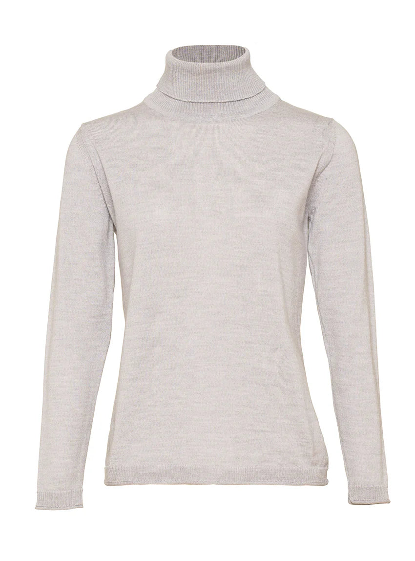 Pull femme col roulé en laine mérinos gris givré