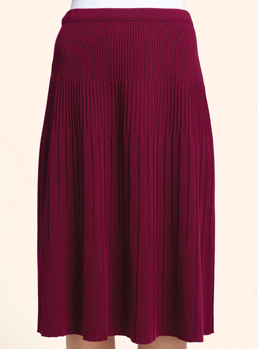 Jupe plissée midi en laine rouge bordeaux