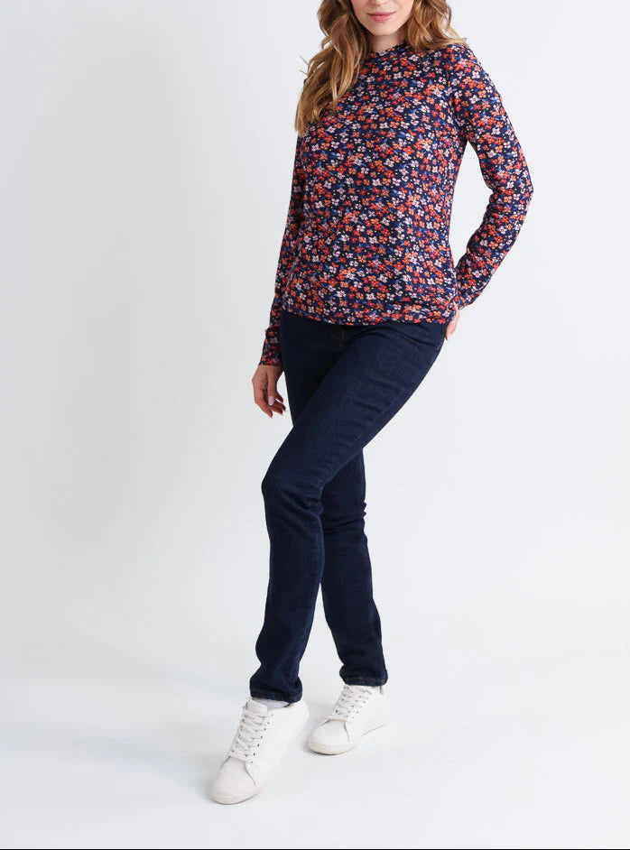 T-shirt femme coton à fleurs bleu marine