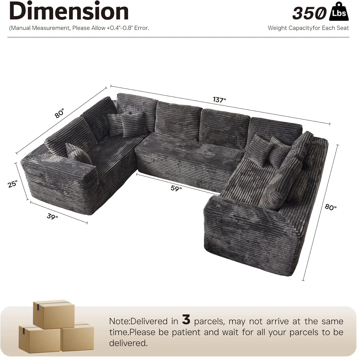 ovios 104 Cloud Sectional Couch with L-Shape Chaise,Modern Modular Sofa with Deep Seat, Upholstered Couches for Living Room Bedroom,No Assembly Required, Grey (Plush Corduroy Fabric)