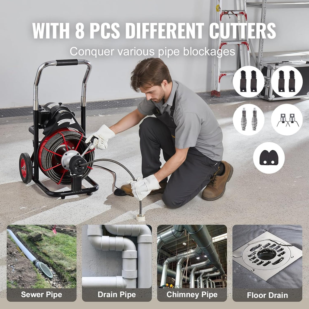 Drain Cleaner Machine 100FT x 1/2 Inch, Auto Feed Sewer Snake Auger on Wheels, 550W Portable Drain Cleaning Machine with 8 Cutters & Air-activated Foot Switch for 2 to 4 Pipes