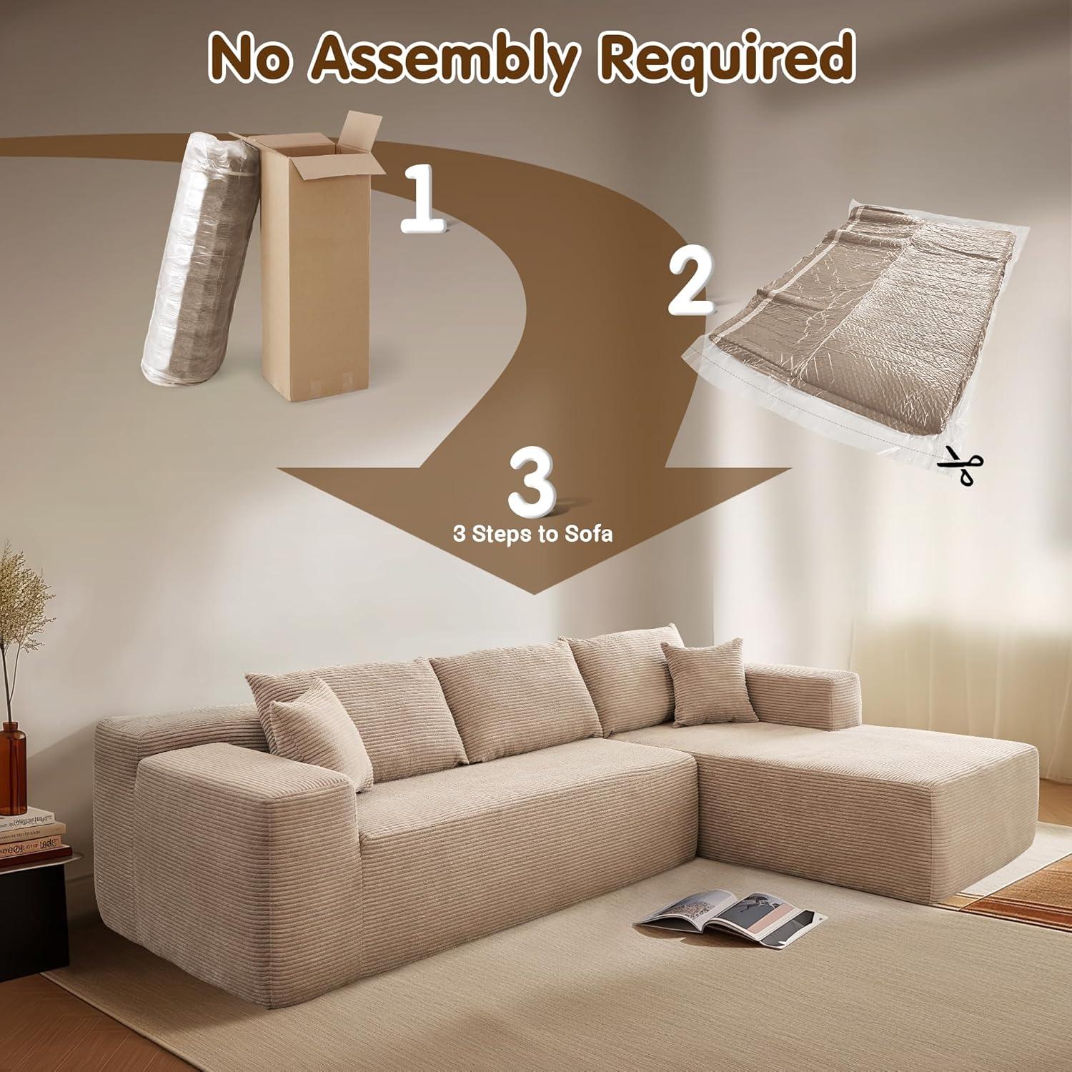 ovios 104 Cloud Sectional Couch with L-Shape Chaise,Modern Modular Sofa with Deep Seat, Upholstered Couches for Living Room Bedroom,No Assembly Required, Grey (Plush Corduroy Fabric)