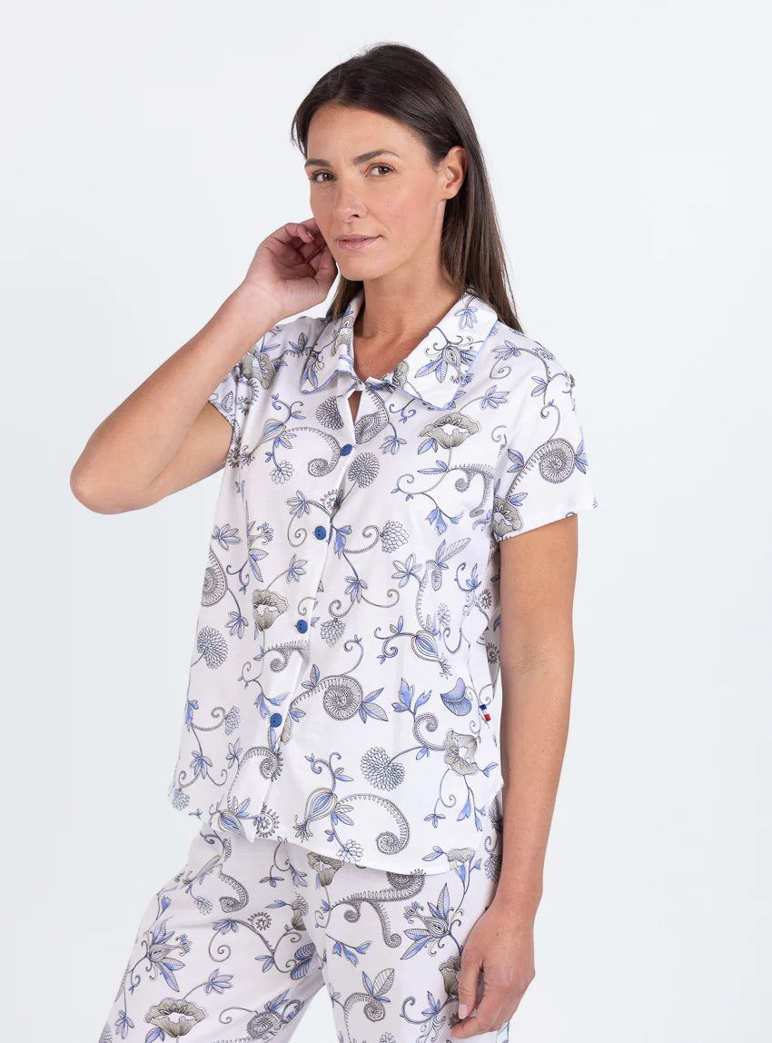 Pyjama femme en coton imprimé bleu