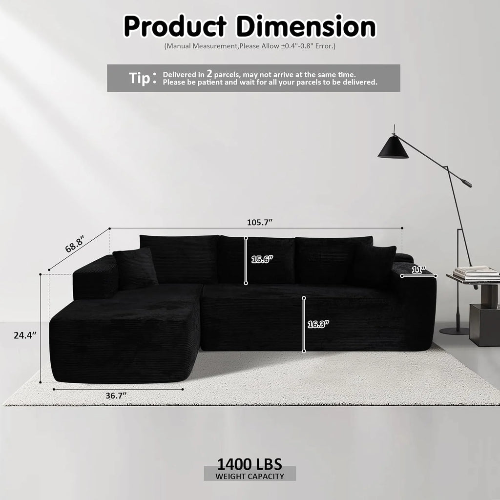 ovios 104 Cloud Sectional Couch with L-Shape Chaise,Modern Modular Sofa with Deep Seat, Upholstered Couches for Living Room Bedroom,No Assembly Required, Grey (Plush Corduroy Fabric)