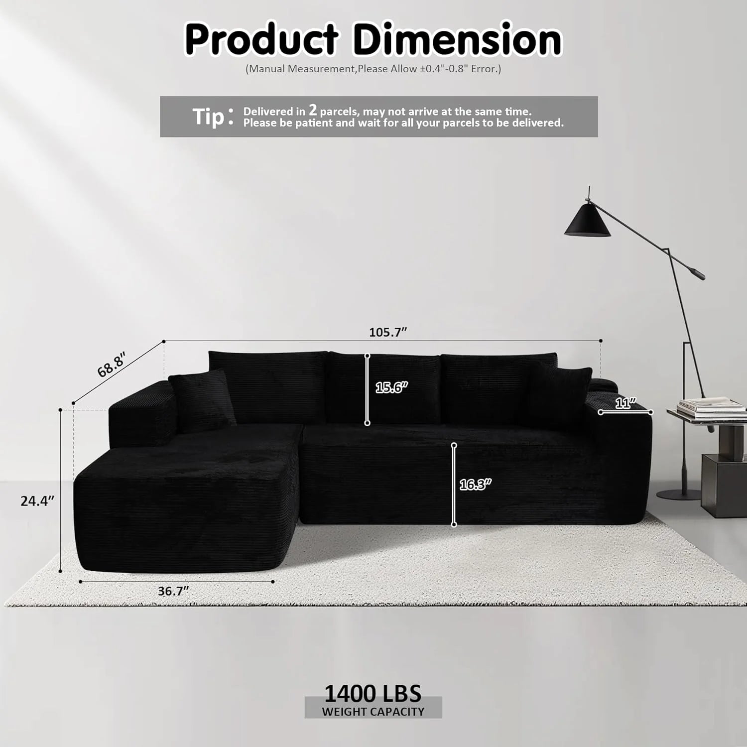 ovios 104 Cloud Sectional Couch with L-Shape Chaise,Modern Modular Sofa with Deep Seat, Upholstered Couches for Living Room Bedroom,No Assembly Required, Grey (Plush Corduroy Fabric)
