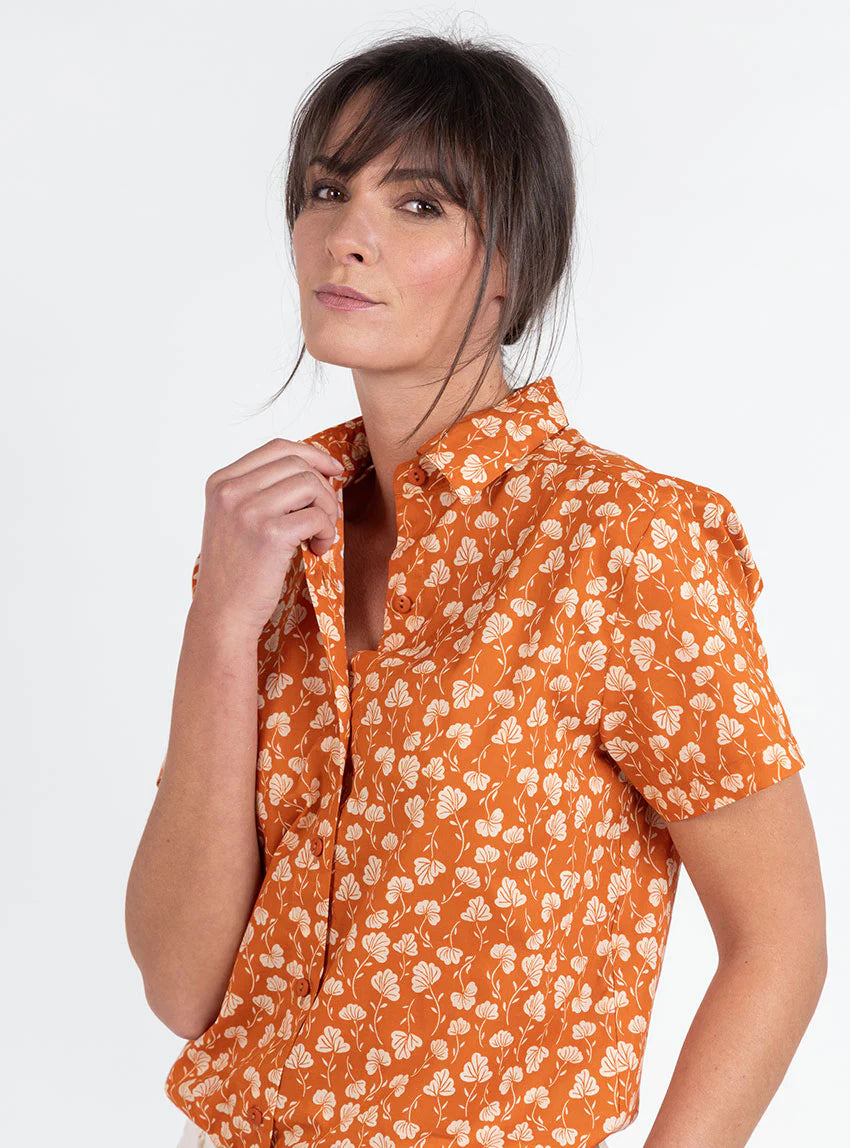Chemisier en coton rayé imprimé orange ocre