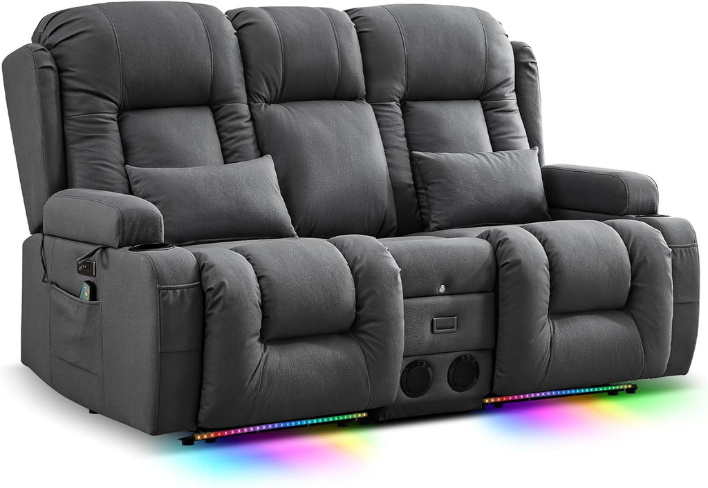 TUNYI Power Loveseat Recliner Sofa with Massage & Heat Home Theater Seating with Console Electric Recliner RV Sofa with USB/Outlet/Storage/Side Pocket/LED Light/Speaker (Brown, Loveseat)