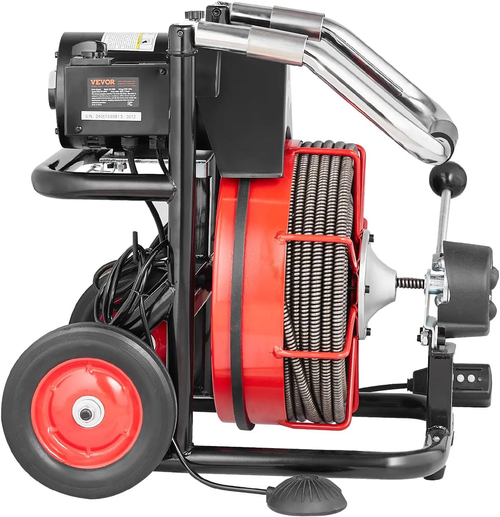 Drain Cleaner Machine 100FT x 1/2 Inch, Auto Feed Sewer Snake Auger on Wheels, 550W Portable Drain Cleaning Machine with 8 Cutters & Air-activated Foot Switch for 2 to 4 Pipes