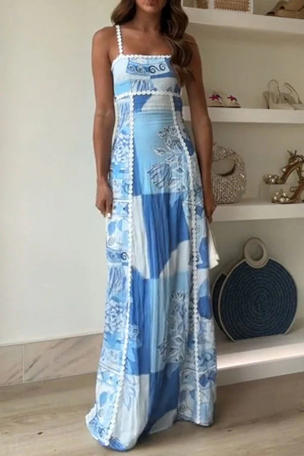 Sophie Paris | Robe Maxi à Nouer au Dos avec Galon Ric Rac et Imprimé Unique