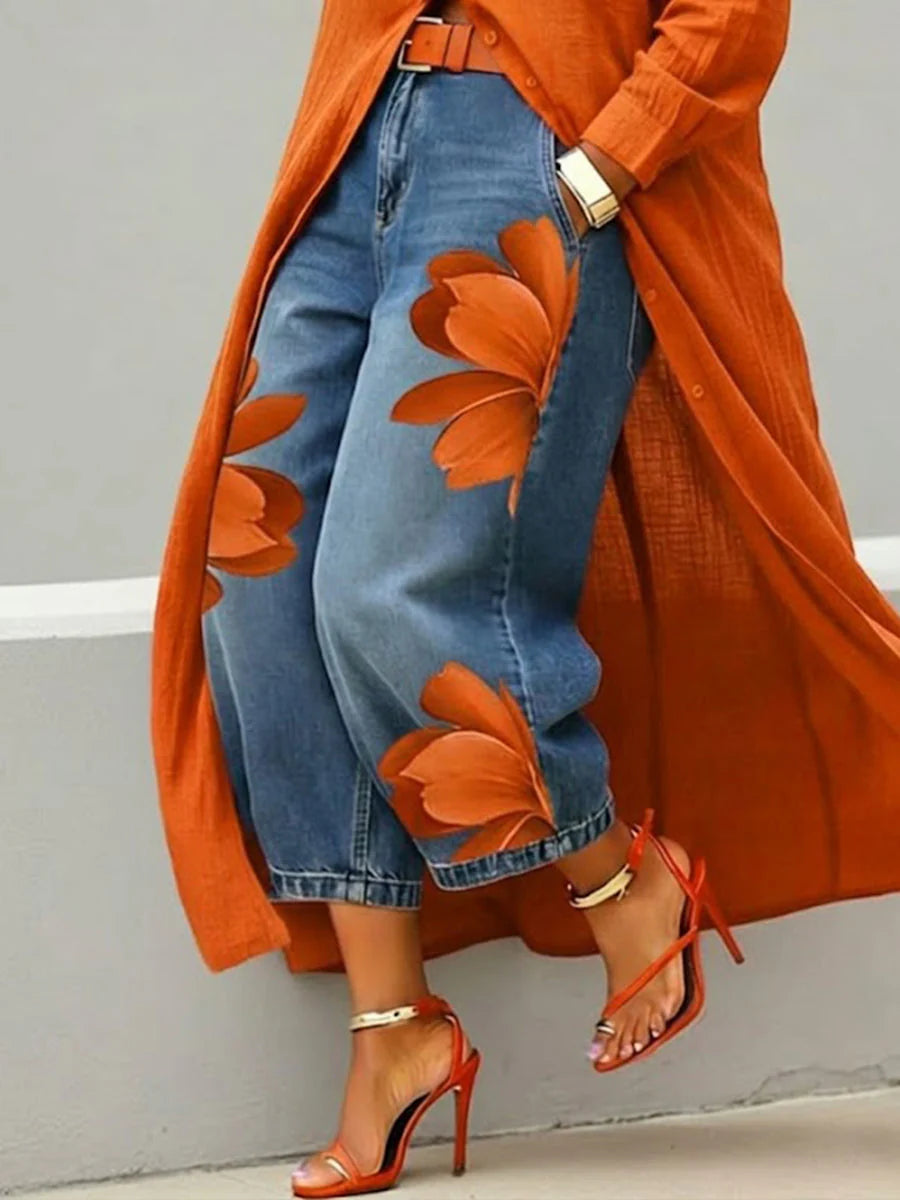 Jean en denim à imprimé artistique décontracté