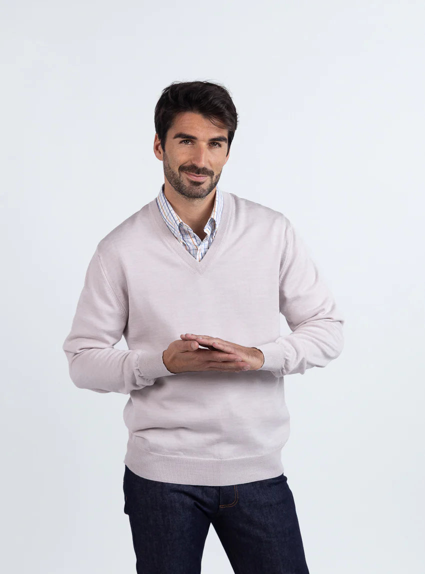 Pull homme col V 100% mérinos beige naturel