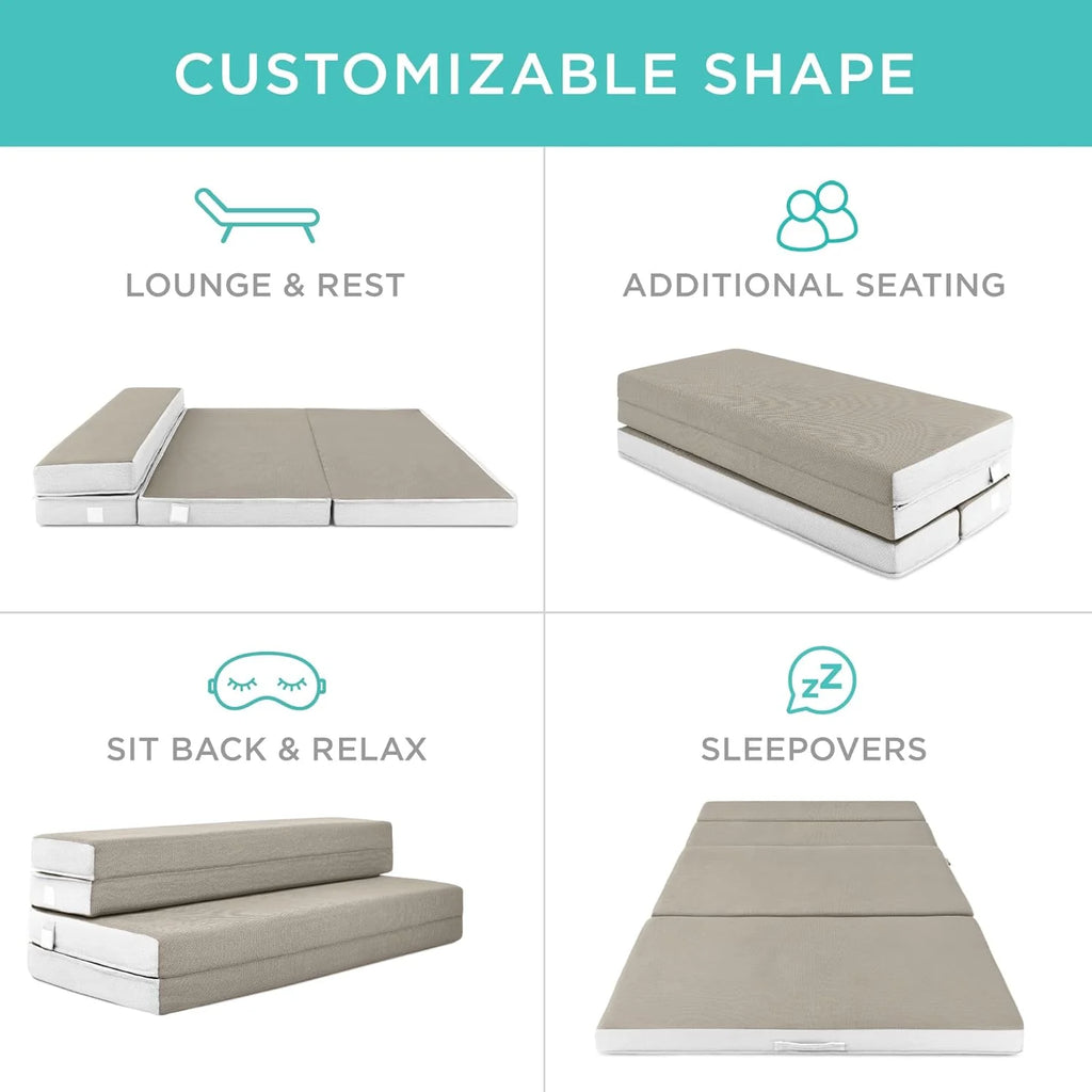 Best Choice Products 4in Portable Queen-Size Mattress, Tri-Fold Mattress for Camping, Guest, Toddler, Foam Plush w/Carry Case - Grey