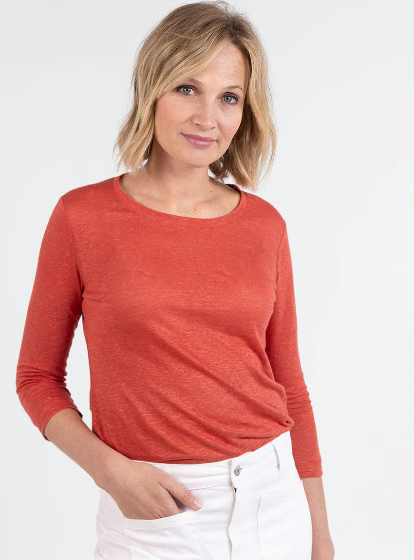 Tee-shirt femme en lin manches 3/4 orange épicé