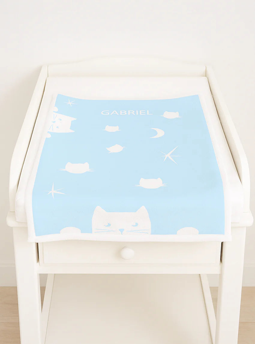 Plaid bébé motif chats en laine bleu