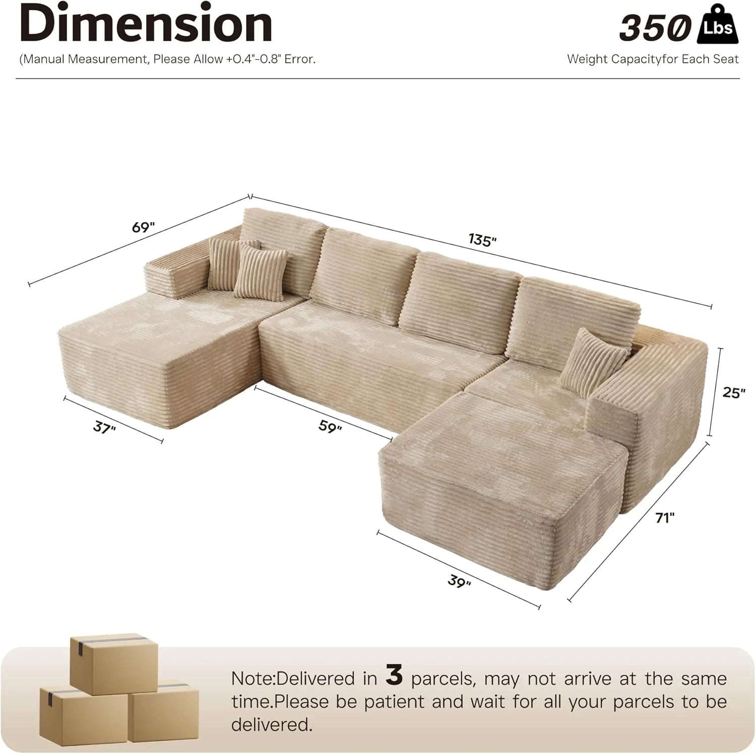 ovios 104 Cloud Sectional Couch with L-Shape Chaise,Modern Modular Sofa with Deep Seat, Upholstered Couches for Living Room Bedroom,No Assembly Required, Grey (Plush Corduroy Fabric)