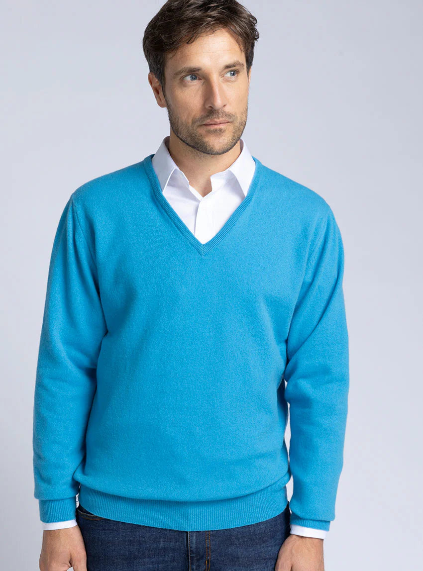Pull homme col V en cachemire et laine bleu