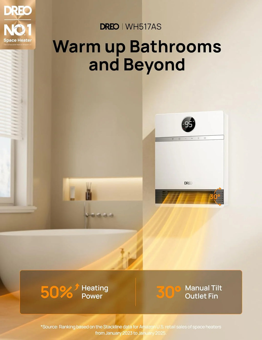 Dreo Smart Wall Heater, IP24 Electric PTC Space Heaters for Indoor Use, 30° Oscillation, Adjustable Thermostat, Remote Control, Works with Alexa, 24H Timer, Easy-mounted for Bedroom, Office, Home
