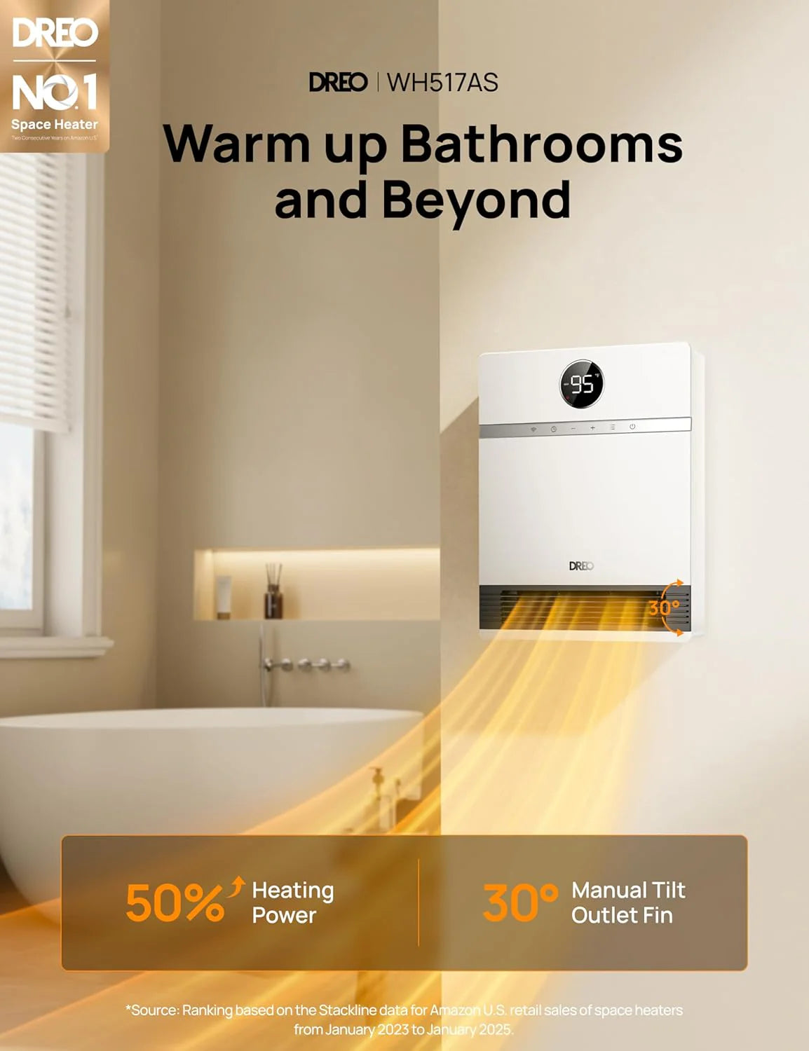 Dreo Smart Wall Heater, IP24 Electric PTC Space Heaters for Indoor Use, 30° Oscillation, Adjustable Thermostat, Remote Control, Works with Alexa, 24H Timer, Easy-mounted for Bedroom, Office, Home