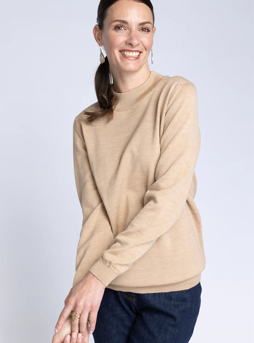 Pull femme col cheminée laine mérinos beige chaud