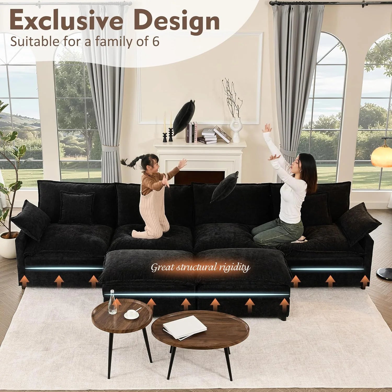 108 U Shaped Couch, Modular Sectional Sofa, 3-Seater Comfy Cloud Couch with Movable Ottoman, Deep Seat Couches for Living Room, Chenille, Slate