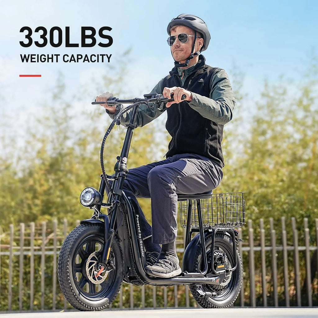 iScooter electric scooter with seat, 37/21 mile range, 28/19/15.6 mph top speed, dual suspension scooter with basket