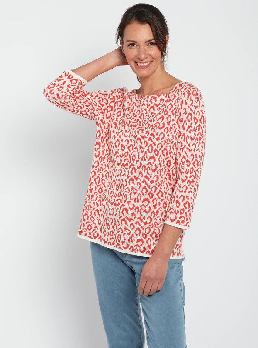 Pull femme jacquard léopard orange terracotta