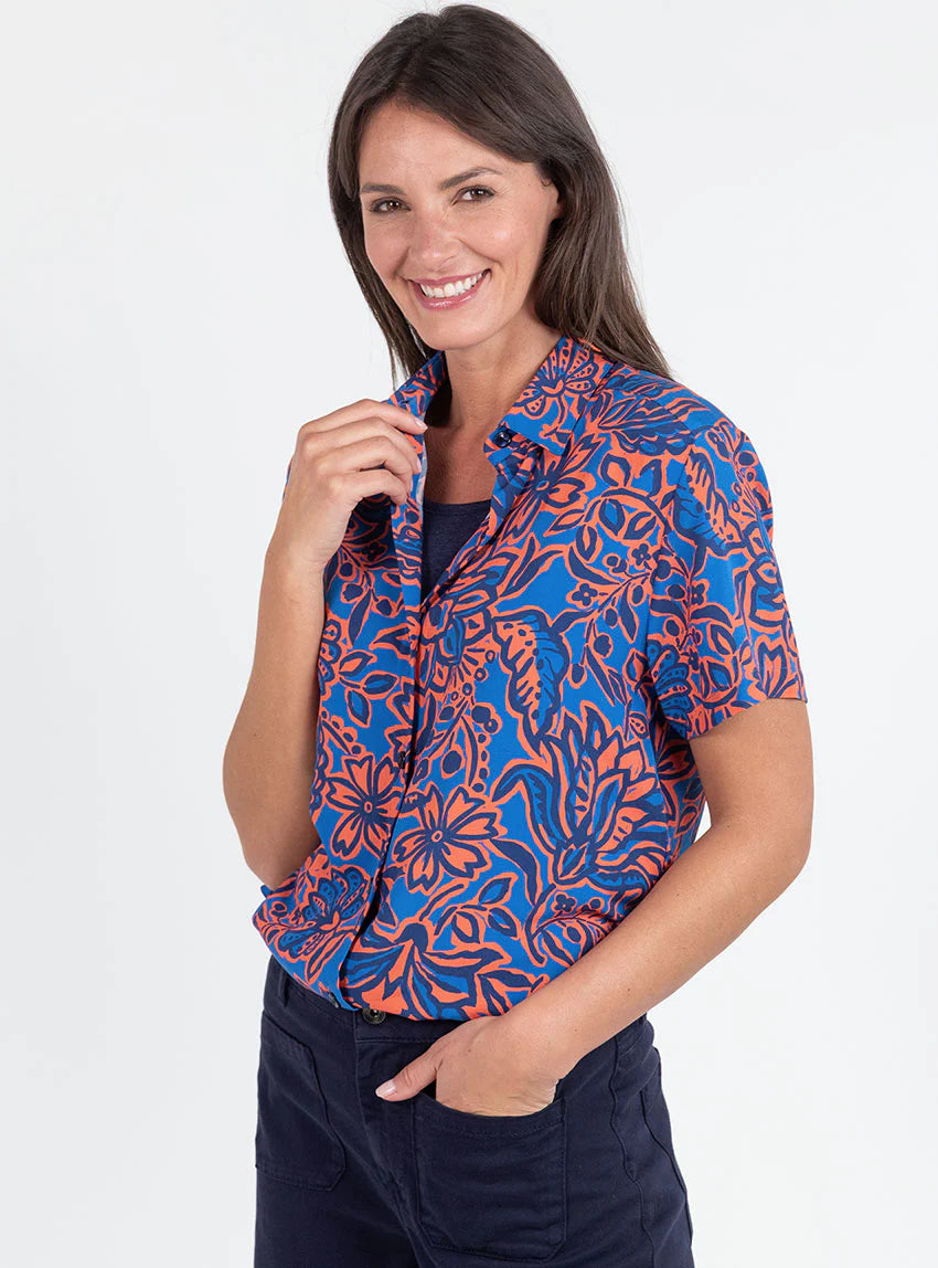 Chemisier femme en viscose imprimé floral bleu