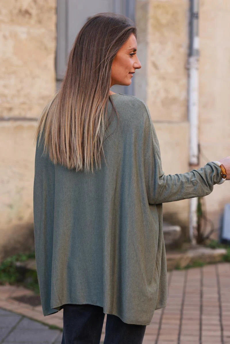 Pull large kaki manches chauve souris