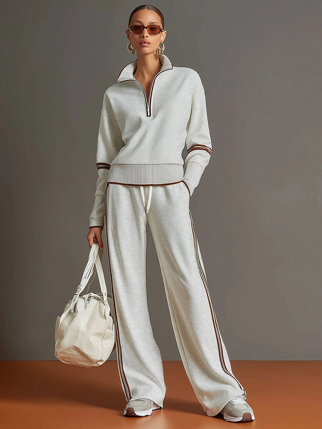 Ensemble sweat à demi-fermeture éclair et pantalon à jambes larges