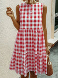 Robe Mini Sans Manches à Carreaux Facile avec Détails Plissés